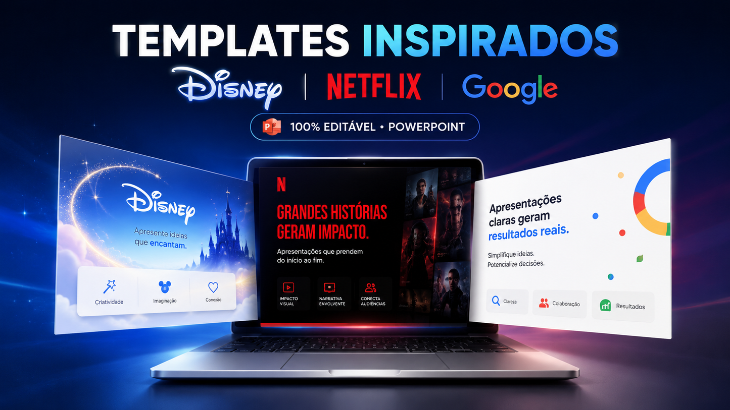 Slides do COMBO PowerPoint Netflix Disney Google - previa dos layouts prontos
