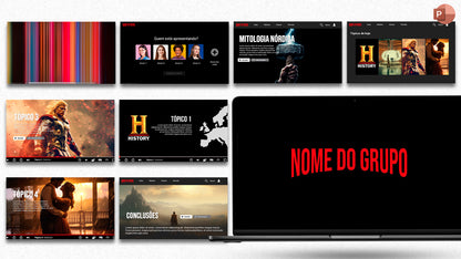 Template PowerPoint Estilo Netflix - slides escuros com tipografia cinematografica bold